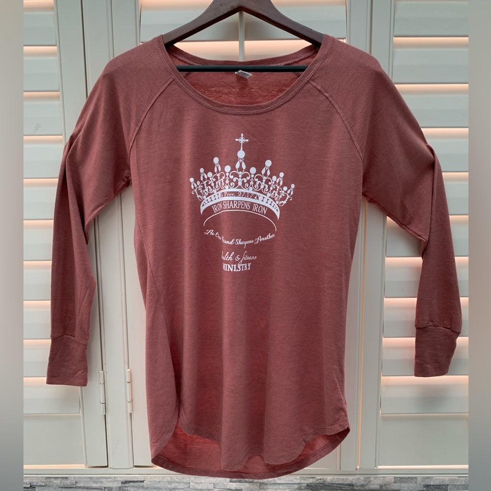 Crown logo scoop neck, Iron Sharpens Iron long sleeve tunic, scooped long hem